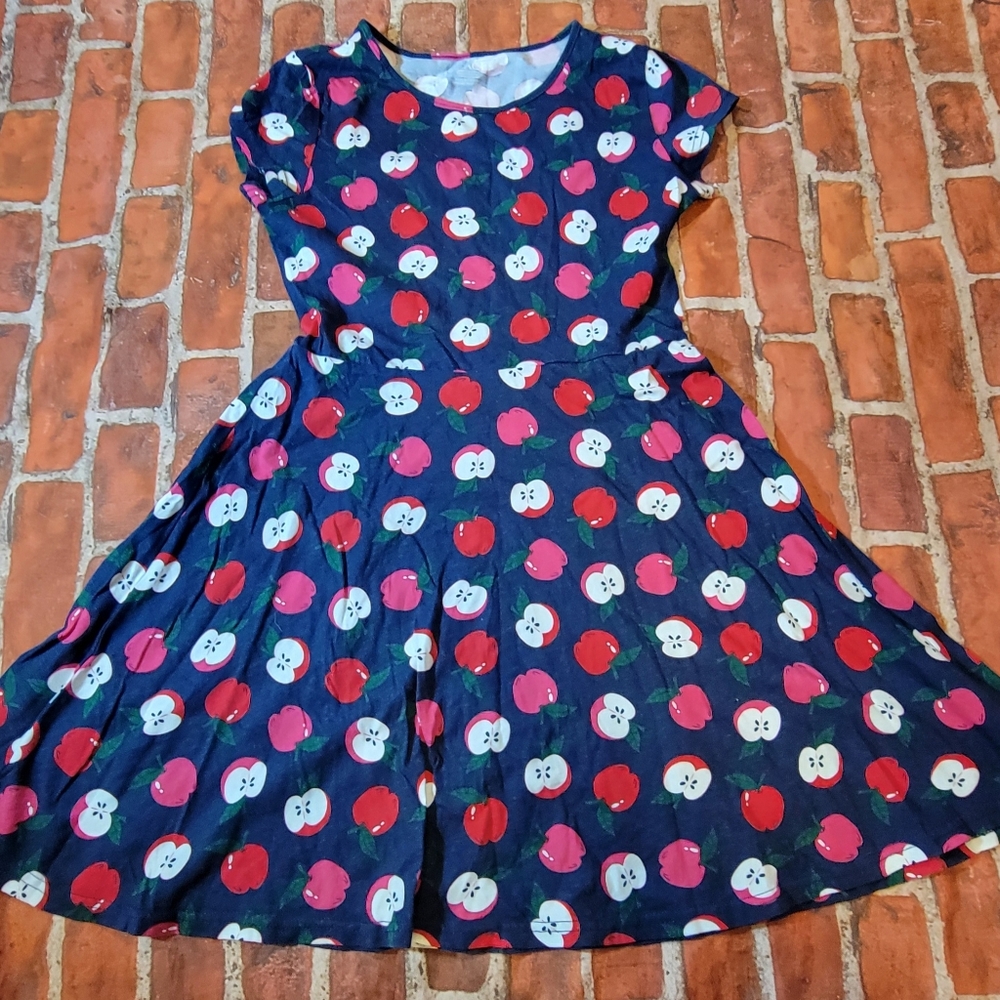 The Children's Place Girls Size 14 Navy Blue Red Apple Print Skater Dress School